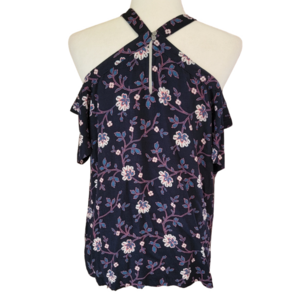 LOFT Navy Blue Floral Halter Cold Shoulder Keyhole Back Blouse Size Smal EUC